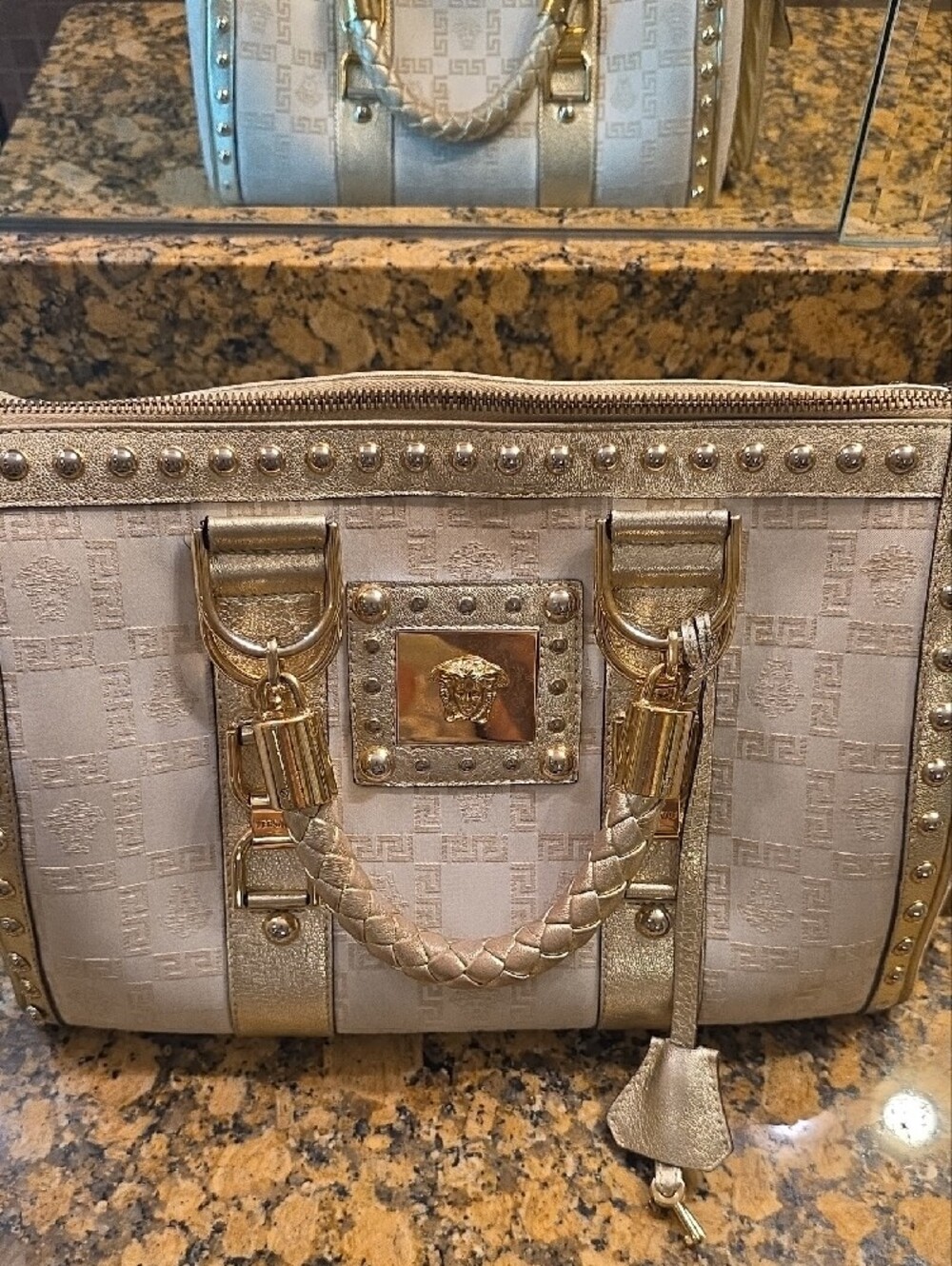 Gorgeous Versace Cream and Gold Medusa Studded Satchel with Braided Handle - Picture 10 of 16